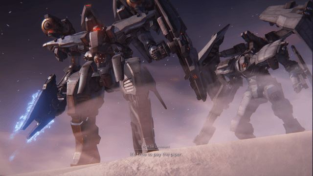 Two mechs stand atop a snowy cliff in Armored Core 6.
