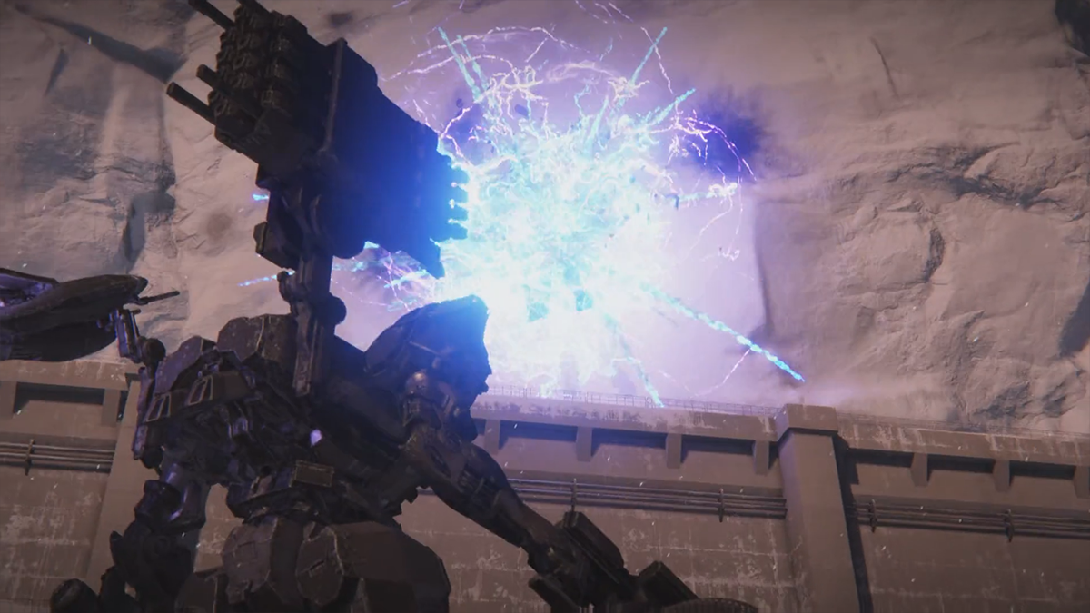 A mech explodes into a ball of blue fire in Armored Core 6.