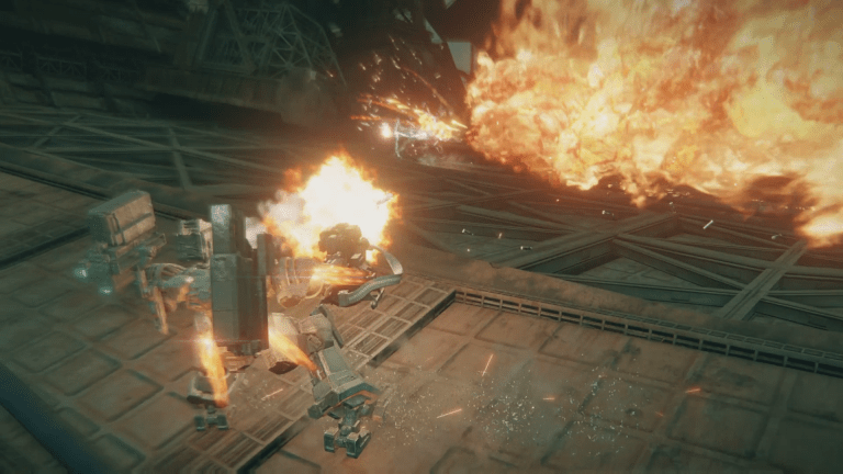 A mech explodes into a ball of fire in Armored Core 6.