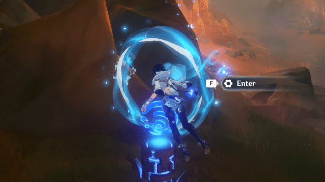 Yelan preparing to enter the current above the Hydro Pillar.