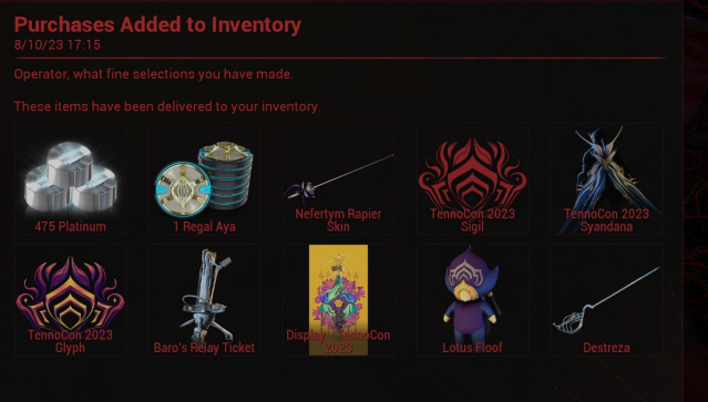 The contents of the TennoCon 2023 Digital Pack, as seen in a player's inbox.