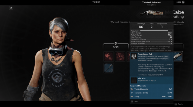 Ava McCabe from Ward 13 showing the crafting screen for the Twisted Arbalest in Remnant 2.