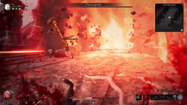 A beam of energy hits and damages a character while destroying stone columns in Remnant 2