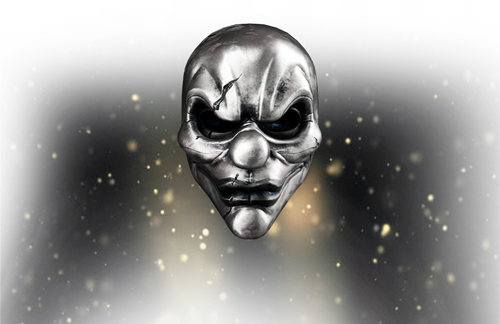 A all-silver clown mask with scars near the eyes and mouth.