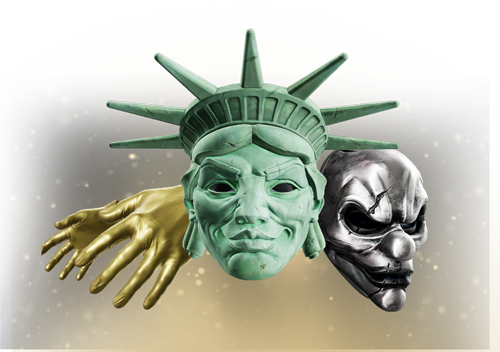 Three items togheter. A gloden glove, a maks of the Statue of Liberty face, and a all-silver clown mask with scars near the eyes and mouth.