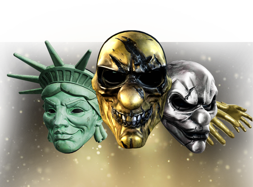 Four items togheter. A maks of the Statue of Liberty face, a golden clown mask full of scars, a all-silver clown mask with scars near the eyes and mouth, and a gloden glove.