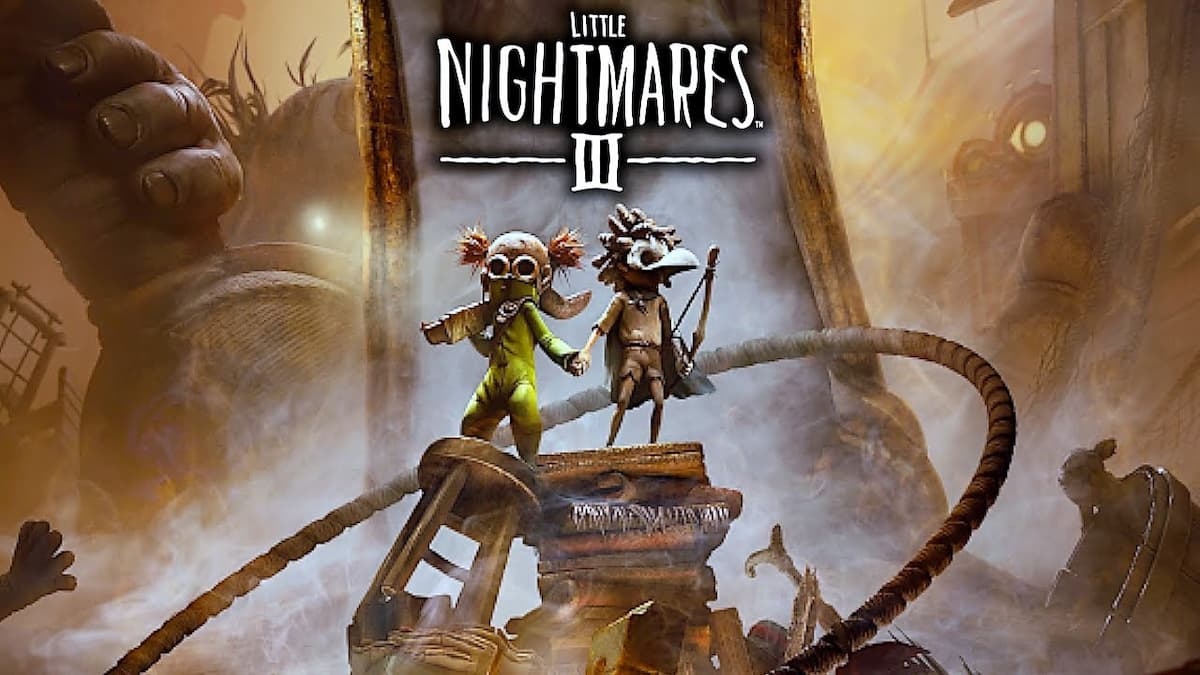 little nightmares 3 cover art with two small, doll-like people on a mound of books and stools