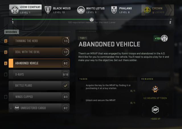 A screenshot of the Abandoned Vehicle faction mission requirements in the DMZ mission menu.