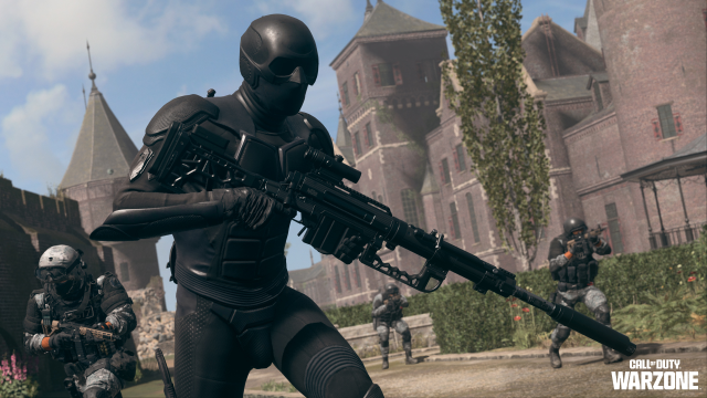 A Shadow Company trooper in DMZ, wearing full black lightweight armor and a helmet, wielding a sniper rifle outside of a castle.