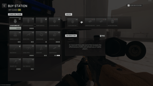 A screenshot of the barter recipe for the Comms Plate Carrier in DMZ