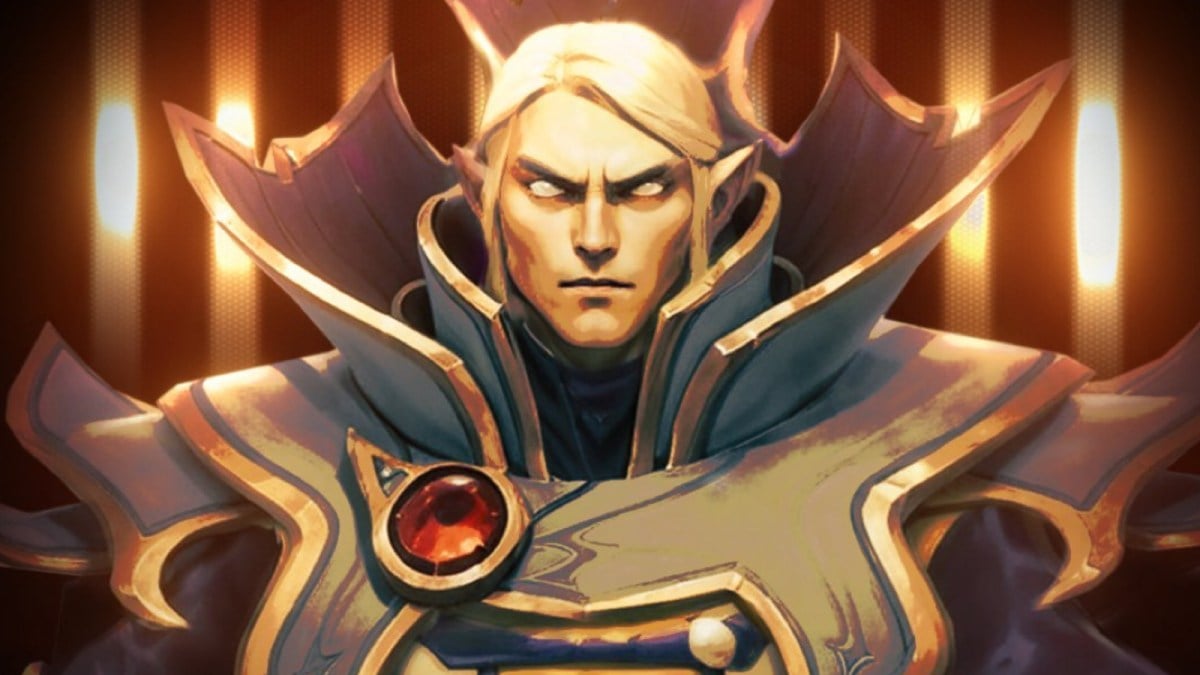 Invoker standing among some Exort fire elements in Dota 2.