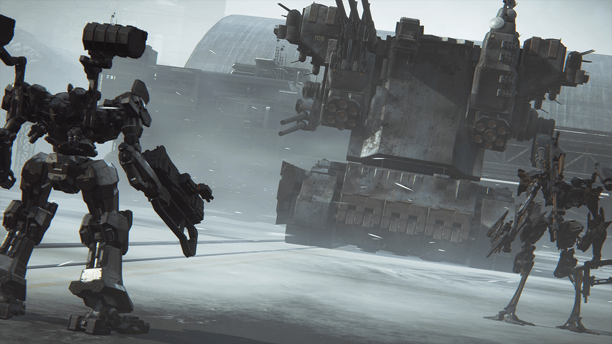 Two mechs face off against a giant tank in Armored Core 6