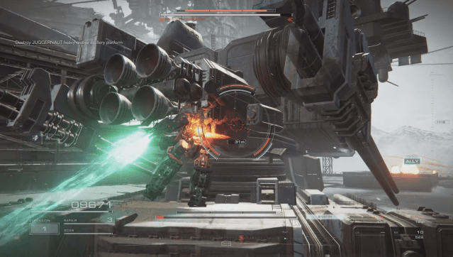 A mech strikes an enemy with its plasma sword in Armored Core 6