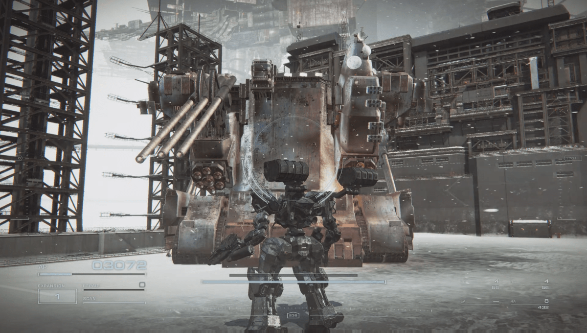 A massive robot enemy from Armored Core 6