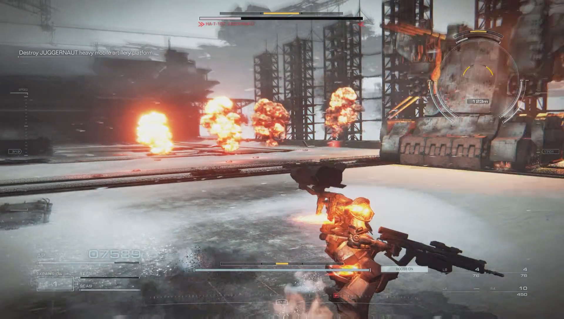 A series of explosions as mines laid by an enemy mech detonate in Armored Core 6
