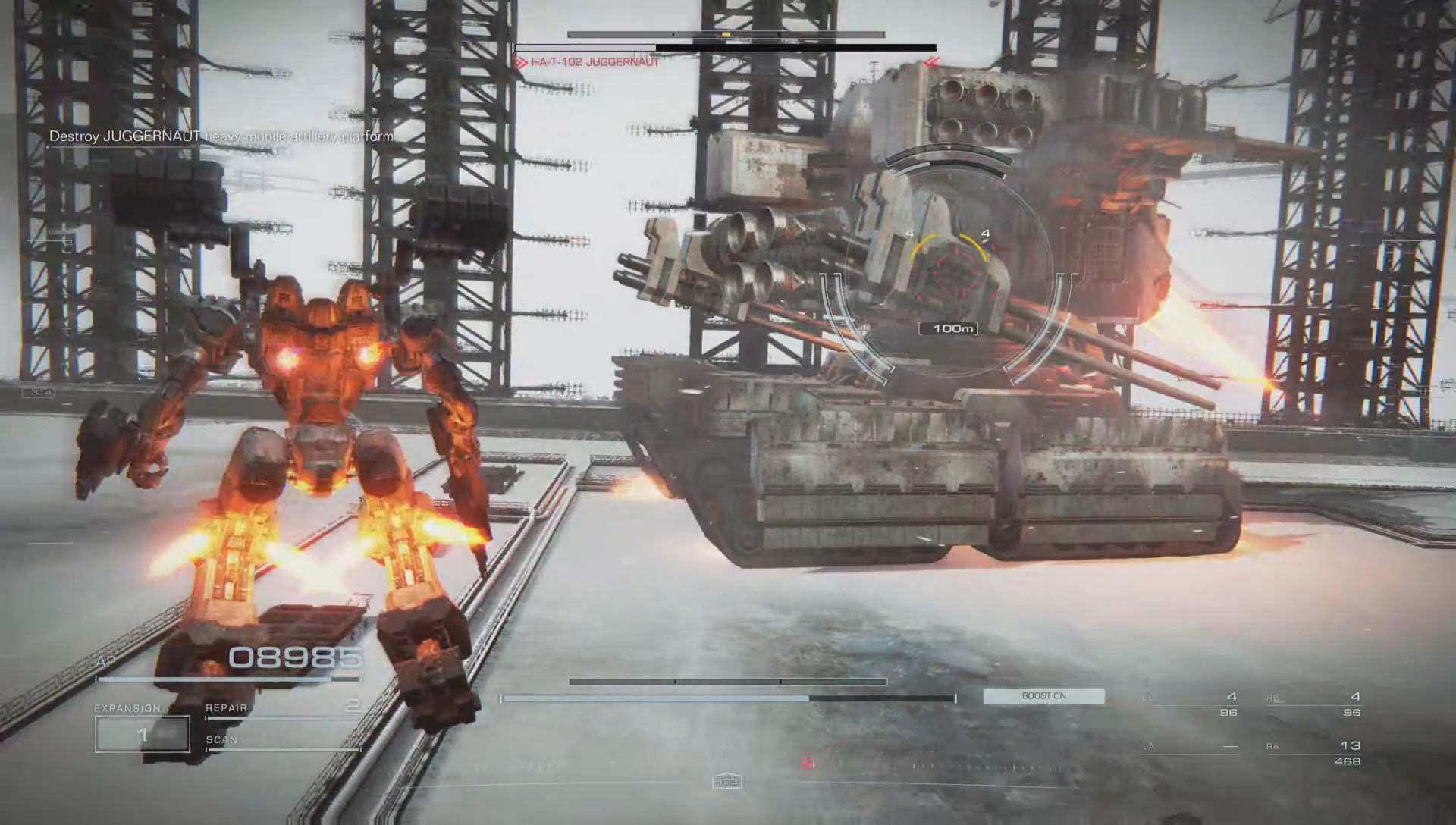 A mech dodges an enemy's attacks to reach its weakspot in Armored Core 6