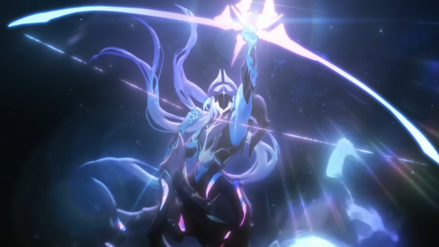 Lan holding their bow and pointing it up to the sky.