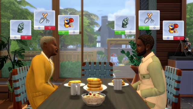 Two Sims not getting along while eating breakfast at a table. 