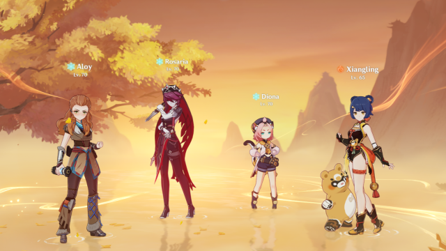 A team setup on the Geo Liyue background.