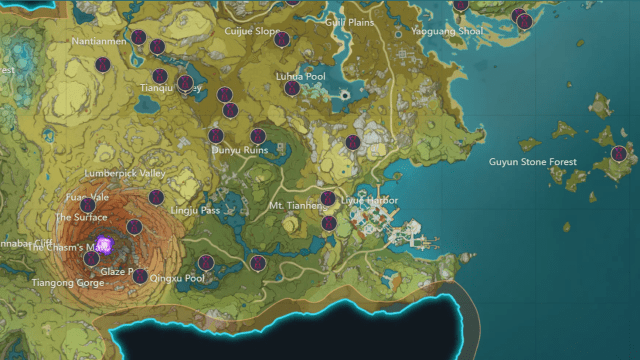 A map of Liyue with the Time Trials marked.