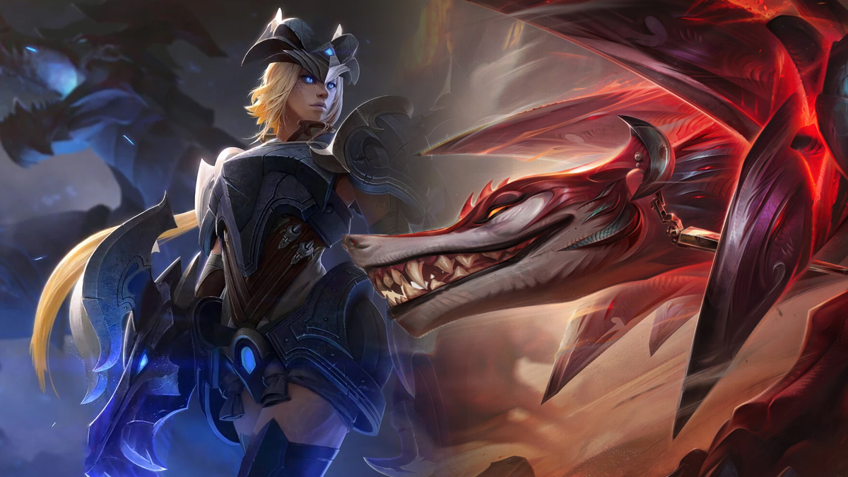 Shyvana, wielding a shield and standing in front of a dragon, and Naafiri, a devilish red hound, attack and battle in League of Legends.