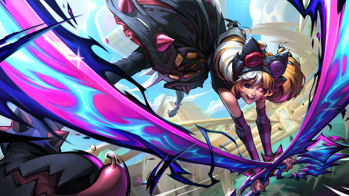 Gwen, from League of Legends, dives downwards while wielding her scissors, with beams of pink and blue energy crackling out from underneath her.