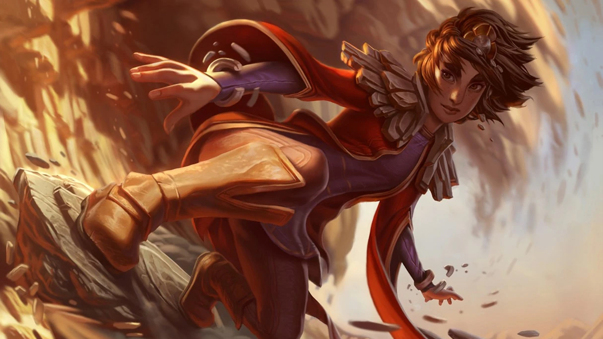 Taliyah, a champion from League of Legends, wearing a red outfit and surfing along a wall of rock.