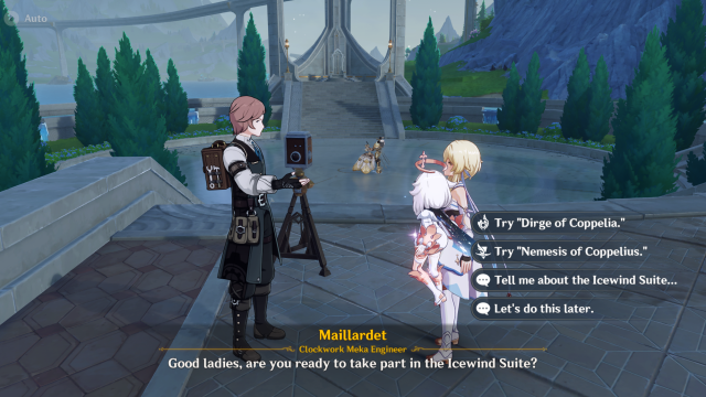 The Traveler and Paimon talking to Maillardet to begin the Icewind Suite fight.