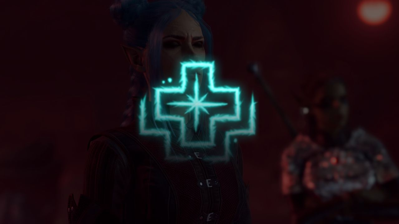 The glowing icon for Mass Cure Wounds in BG3 displayed over a green-skinned, heavily armored warrior and a blue-haired, blue-horned woman.