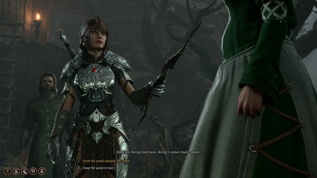 An adventurer holds a magic wand.