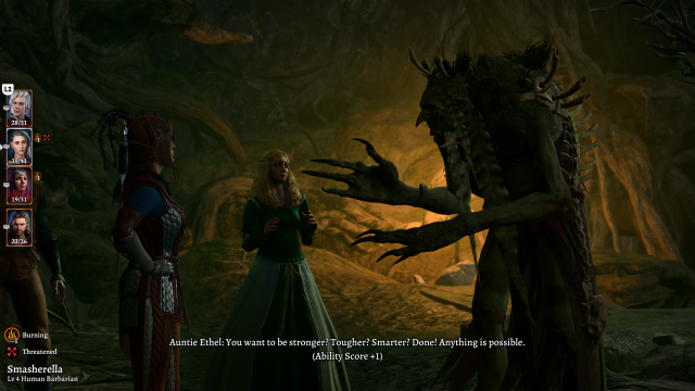 An adventurer parlays with a swamp witch.