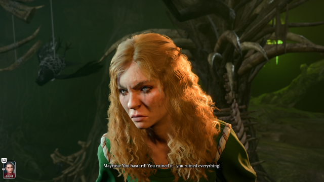 A blonde-haired woman scowls at the player.