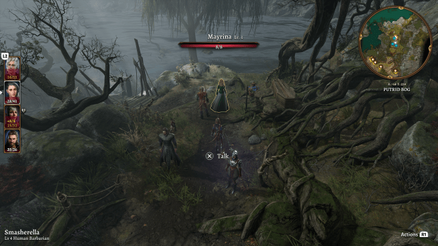 A band of adventurers stand with a woman in an isolated swamp.