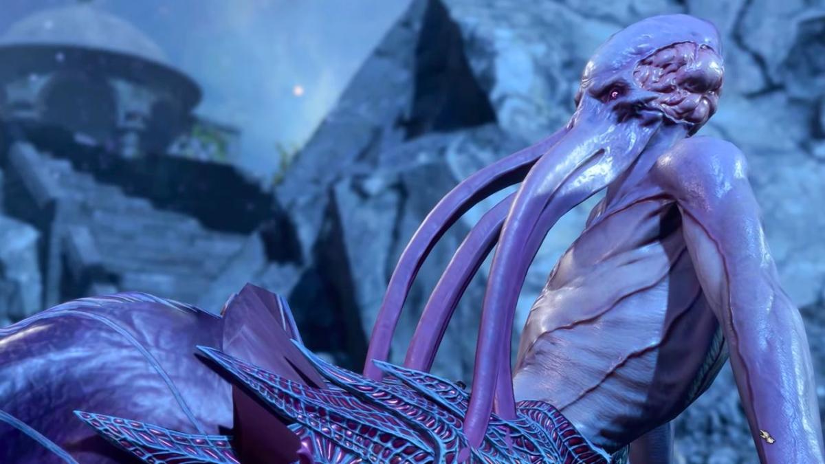 Creature with tentacles and a large head leaning back on his hands in a dream in BG3
