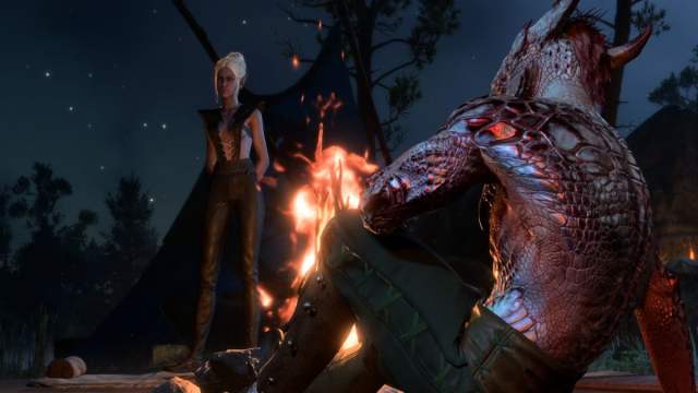 Minthara flirting with a character at a campsite in Baldur's Gate 3.