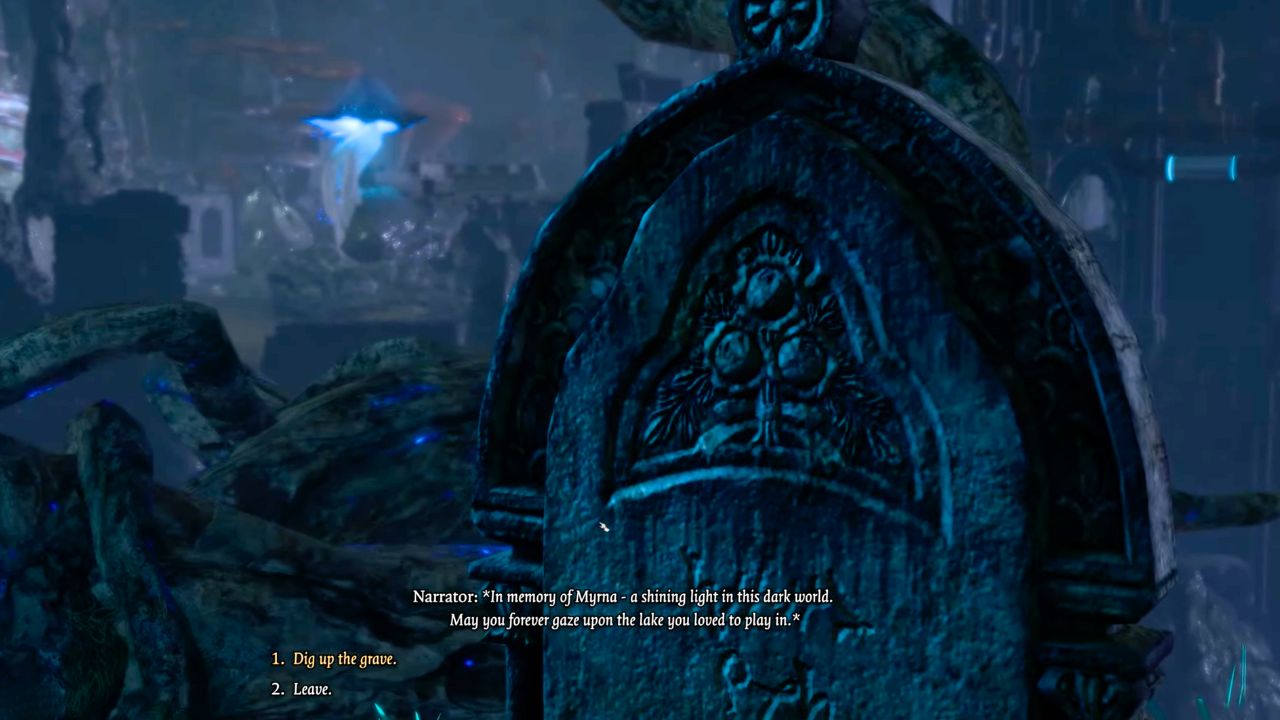 A dark grave with a symbol on the front and dialogue choices in BG3