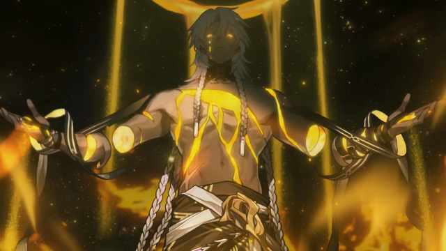 Nanook looking down with a serious expression while their arms are spread out and golden designs surround them.
