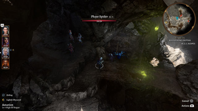 A dark cave with some glowing green orbs, and spiders circle Astarion in combat.