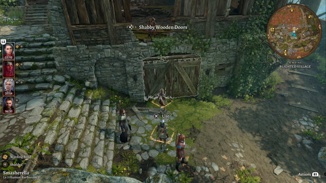 A group of adventurers stand outside a set of locked double doors in a ruined village.