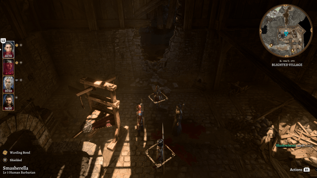 A group of adventurers stand before a collapsed wall in the ruins of a blacksmith's workshop.