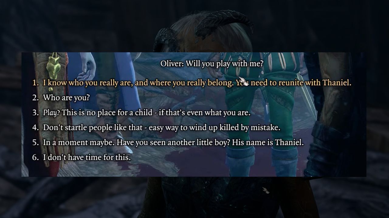 A list of dialogue options with Oliver in BG3