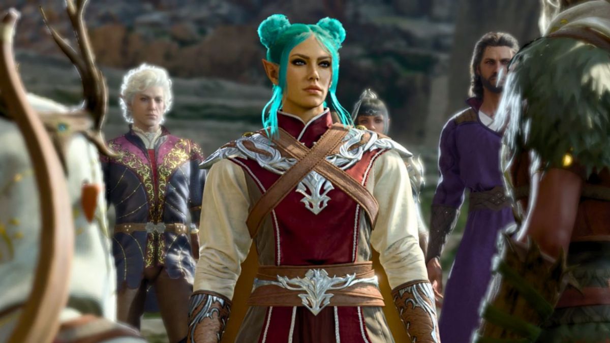 Woman in armor surrounded by a man with white hair, a woman with black hair, and a man with long hair in Bg3