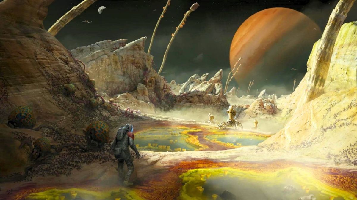 An astronaut roaming a vast planet with dunes in Starfield