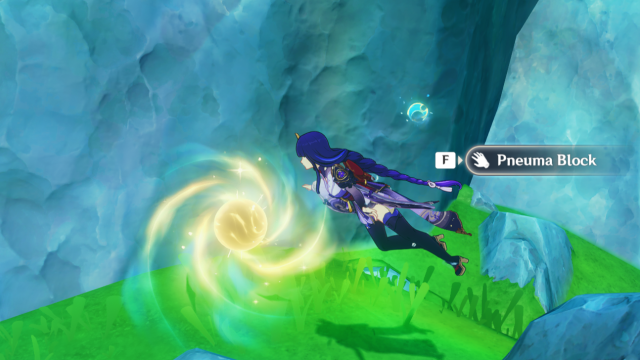 Raiden Shogun swimming near a Pneuma Block.