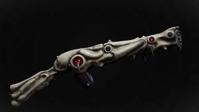 A bone-like rifle with a red orb in Remnant 2.