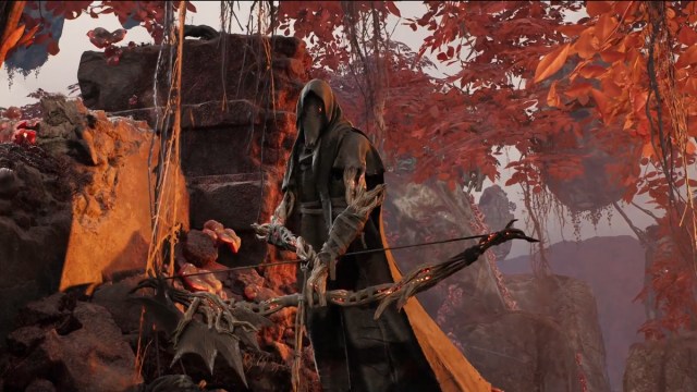 Shrewd, a cloaked figure, holding a bow in a red forest in Remnant 2.