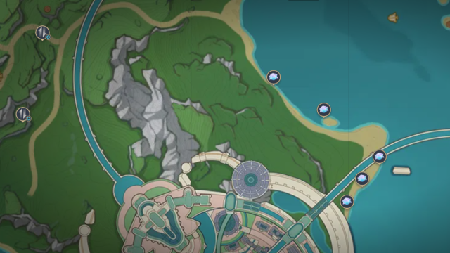 A map of the outskirts of the Court of Fontaine with Romaritime Flowers marked.