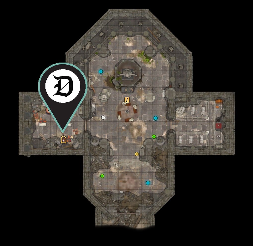 A screenshot of the Overgrown Chapel Camp map in Act One of BG3 showing readers where they can find the Magic Mirror to change their appearance.