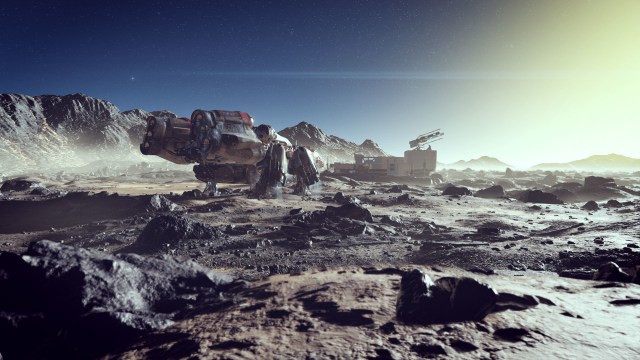 A spacecraft lands on a rocky environment in Starfield.