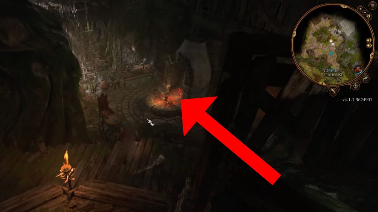 Red arrow pointing to a burning fireplace in BG3